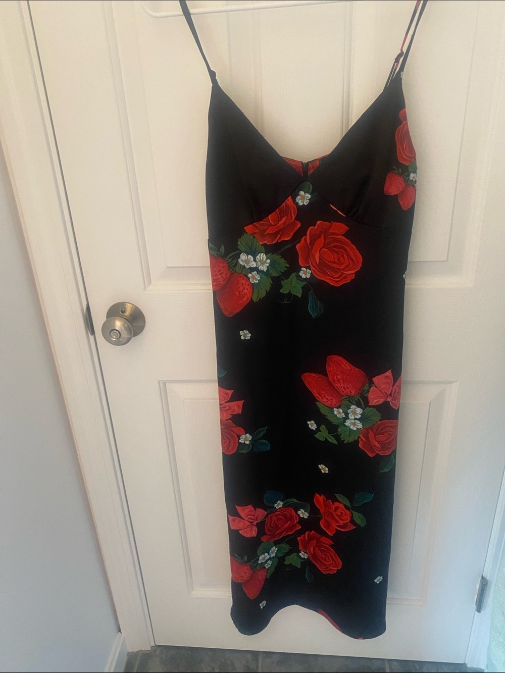 Lisa Says Gah Black Slip Midi Dress with Red Rose & Green Leaf Print